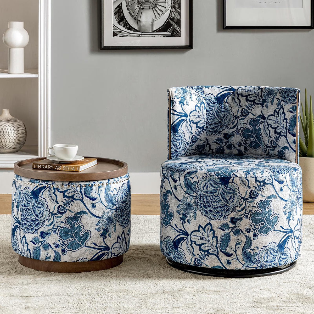 Navy Swivel Barrel Chair with Coffee Table Ottoman O9697