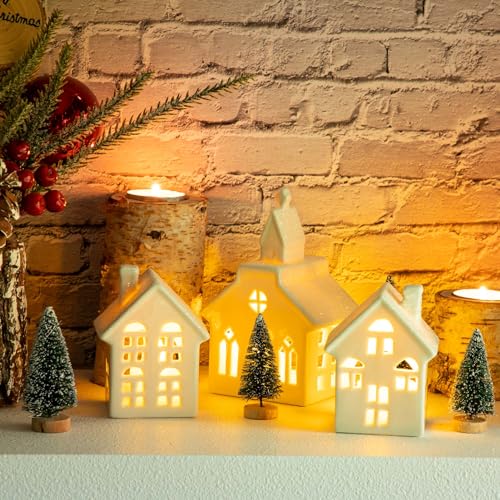 7PCS Christmas Village Sets - 3 LED Lighted Ceramic White Christmas Village Houses with Remote & 4 Trees P208