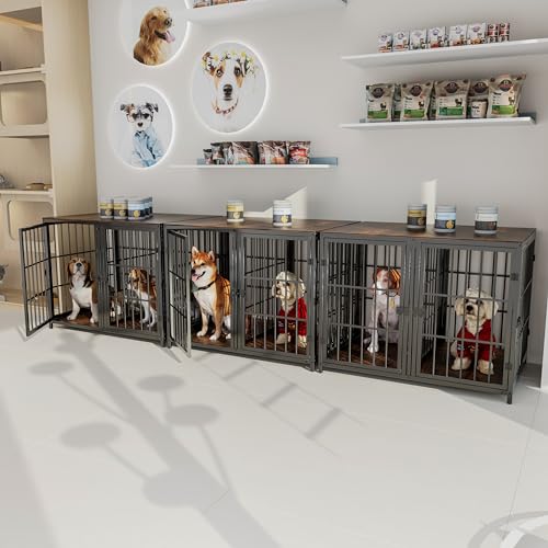 84inch Wooden Dog Crate with Three Doors and Removable Tray Rustic Brown V485602