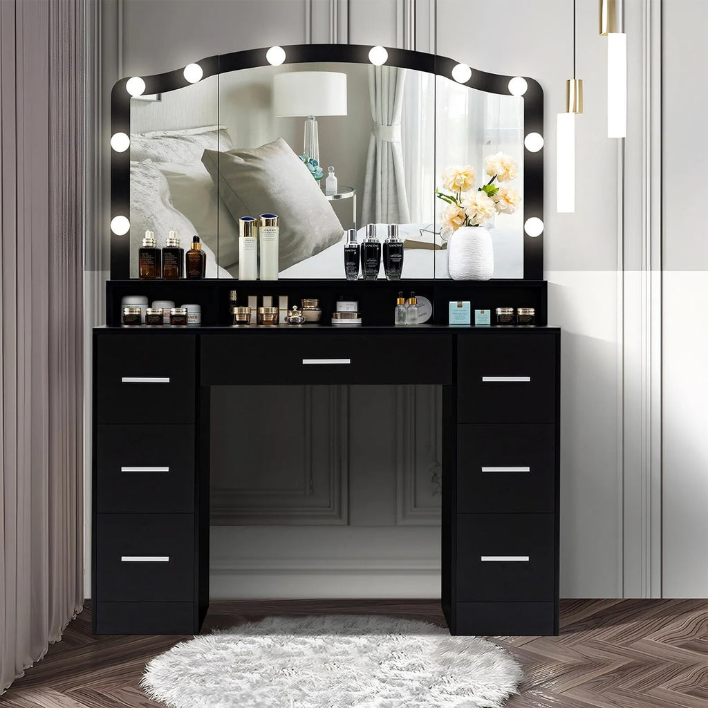 Black 43.3 inches Vanity Desk with Lighted Mirror 7 Drawers G50325