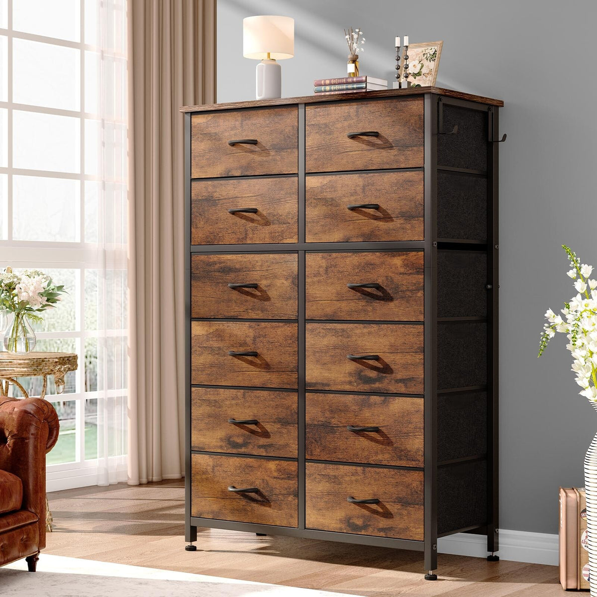 12 Drawer Tall Fabric Dresser Rustic Brown M95478