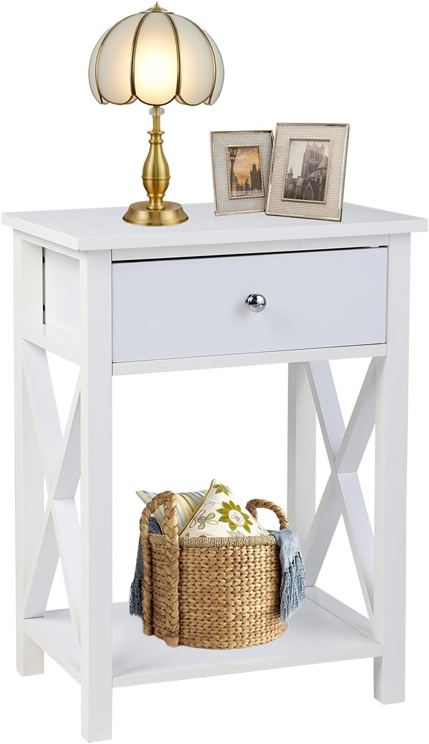 White Wooden Side End Table with Bin Drawer Set of 2 R304