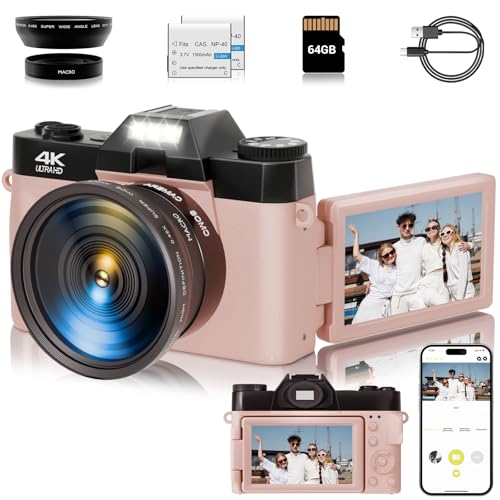 56MP 16X Digital Zoom WiFi 3'' 180° Flip Screen Compact Camera with 2 Batteries 64GB Micro SD Card (Black) J488855