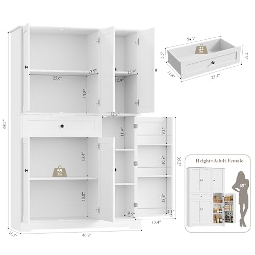 White Tall Kitchen Pantry Storage Cabinet with Doors and Shelves and Drawer C801326