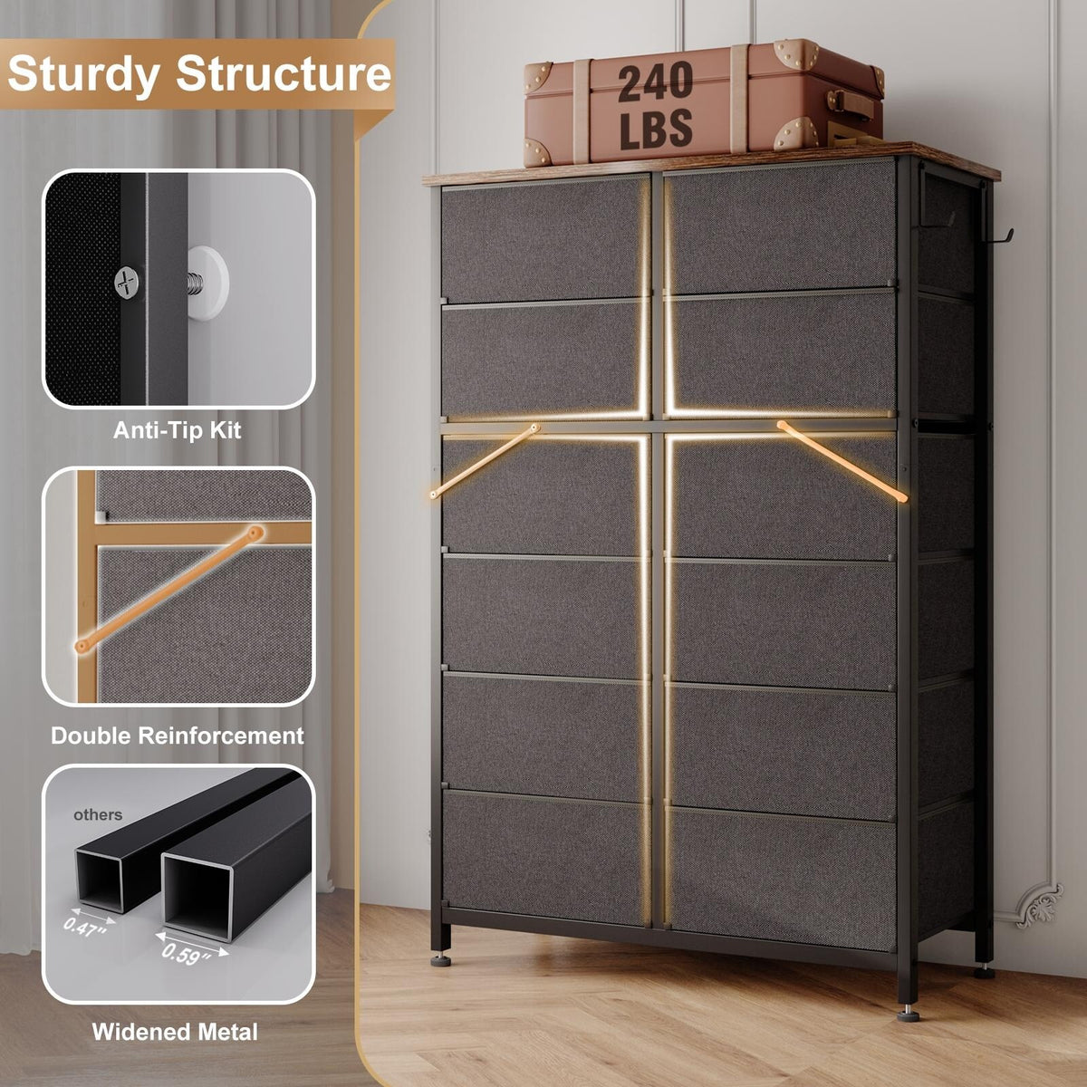 12 Drawer Tall Fabric Dresser Rustic Brown M95478