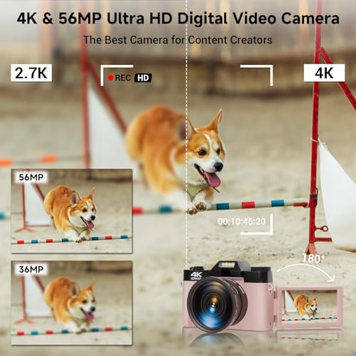 56MP 16X Digital Zoom WiFi 3'' 180° Flip Screen Compact Camera with 2 Batteries 64GB Micro SD Card (Black) J488855
