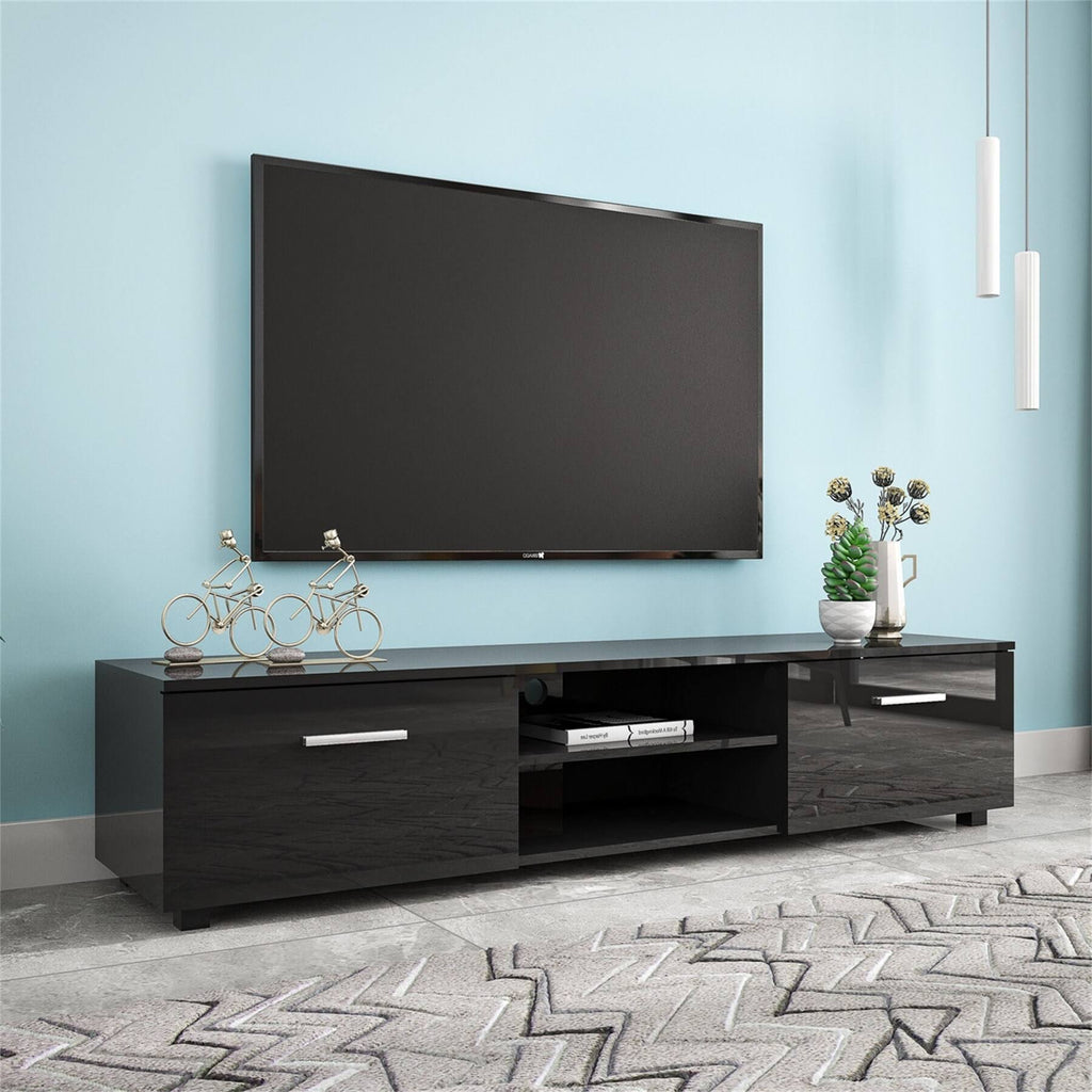 Black TV Stand with Storage Cabinet and Open Shelves J215