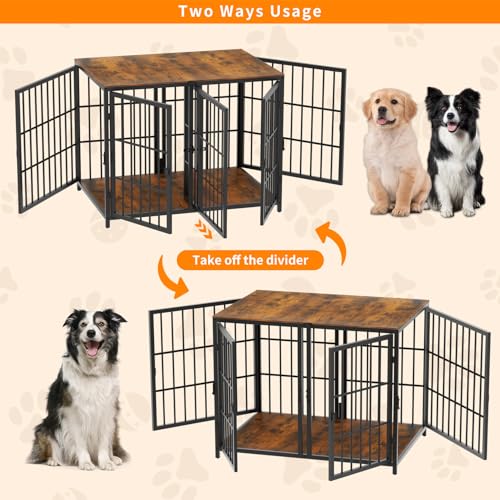84inch Wooden Dog Crate with Three Doors and Removable Tray Rustic Brown V485602