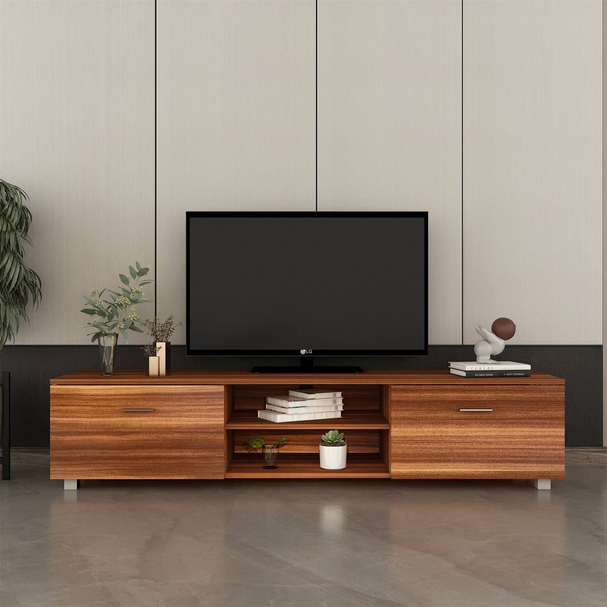 Black TV Stand with Storage Cabinet and Open Shelves J215