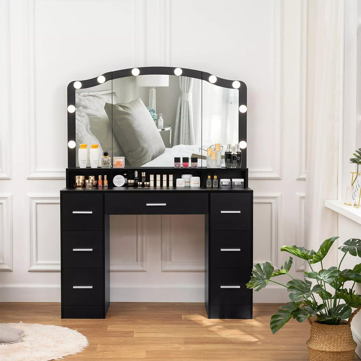 Black 43.3 inches Vanity Desk with Lighted Mirror 7 Drawers G50325
