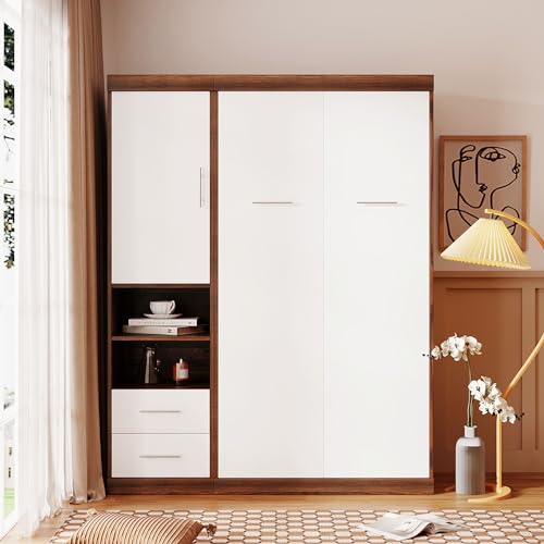 Twin Size Wood Murphy Bed with Wardrobe and Drawers S334390