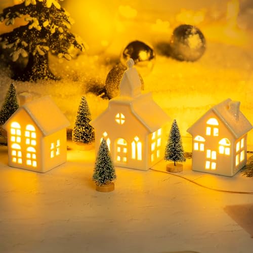 7PCS Christmas Village Sets - 3 LED Lighted Ceramic White Christmas Village Houses with Remote & 4 Trees P208