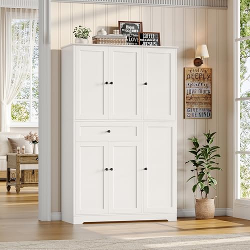 White Tall Kitchen Pantry Storage Cabinet with Doors and Shelves and Drawer C801326