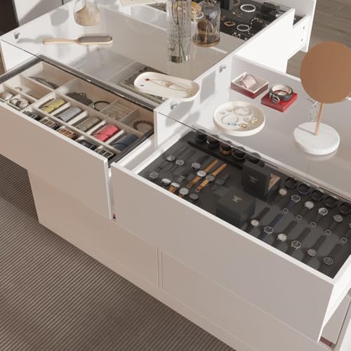 White Glass Armoire Wardrobe with 9 Drawers K2355
