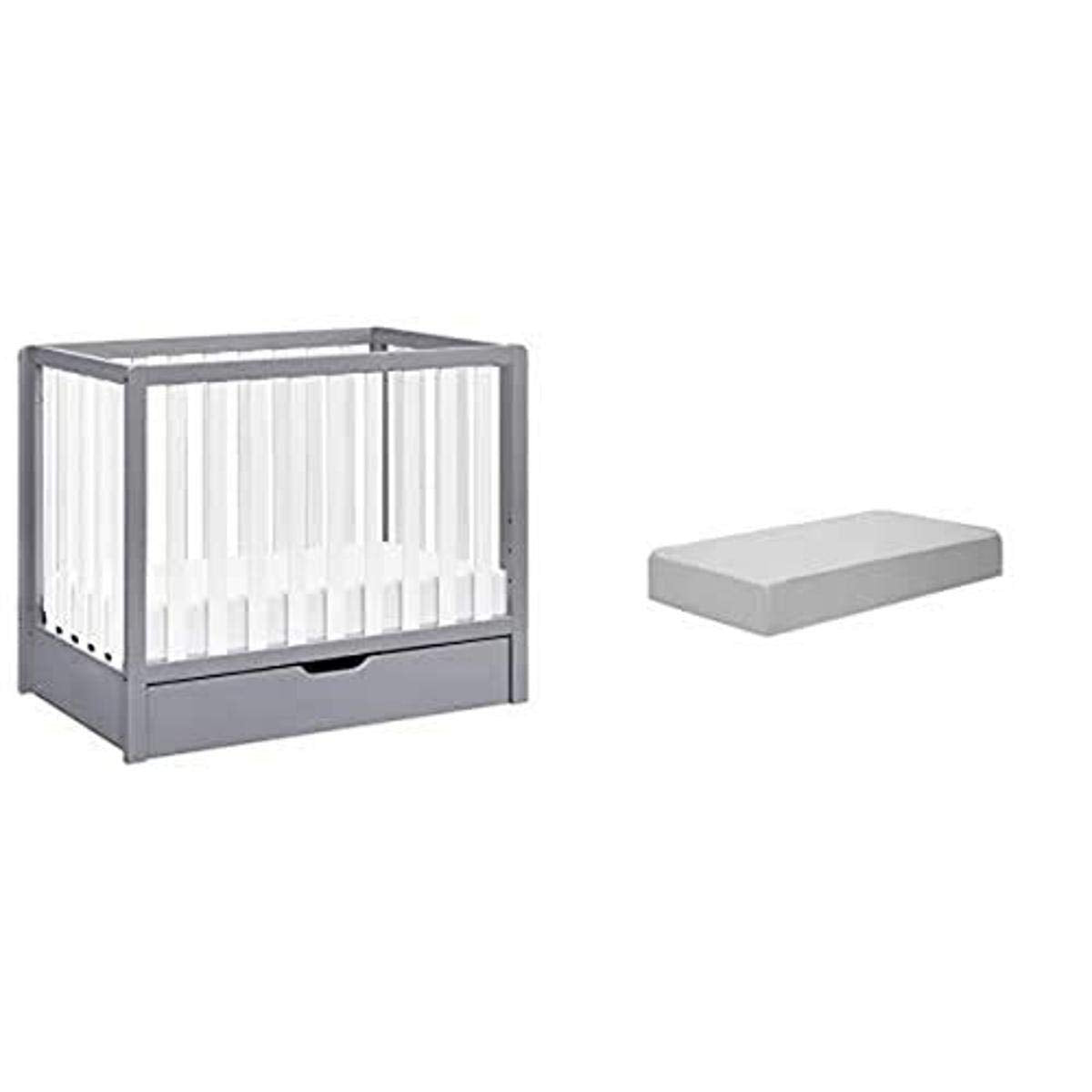 Grey and White 4-in-1 Convertible Mini Crib with Trundle and Mattress S853287