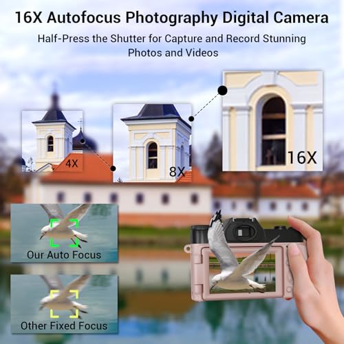 56MP 16X Digital Zoom WiFi 3'' 180° Flip Screen Compact Camera with 2 Batteries 64GB Micro SD Card (Black) J488855
