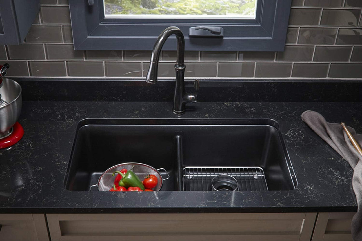 Undermount Double Equal Sink with Rack, Matte Black L92782