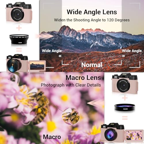 56MP 16X Digital Zoom WiFi 3'' 180° Flip Screen Compact Camera with 2 Batteries 64GB Micro SD Card (Black) J488855
