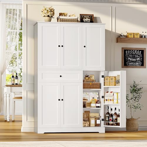 White Tall Kitchen Pantry Storage Cabinet with Doors and Shelves and Drawer C801326