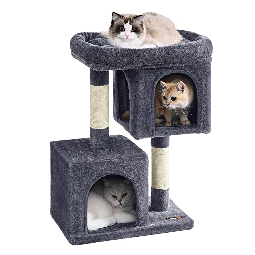 Light Gray Cat Tree with 2 Cat Caves and Scratching Post W77278