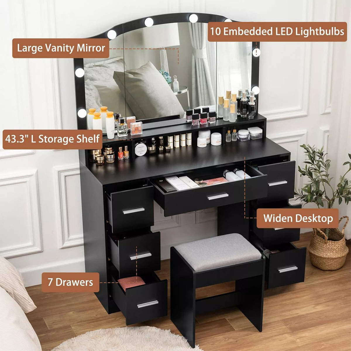 Black 43.3 inches Vanity Desk with Lighted Mirror 7 Drawers G50325