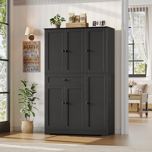 White Tall Kitchen Pantry Storage Cabinet with Doors and Shelves and Drawer C801326