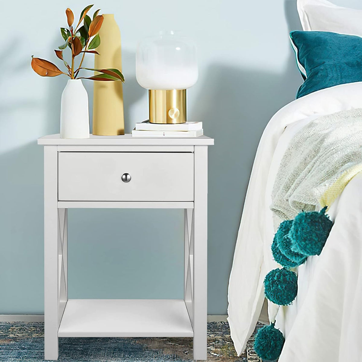 White Wooden Side End Table with Bin Drawer Set of 2 R304