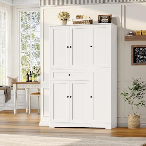 White Tall Kitchen Pantry Storage Cabinet with Doors and Shelves and Drawer C801326