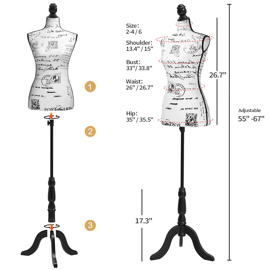 Female Dress Form Mannequin Body Torso with Wooden Tripod Base Stand M313