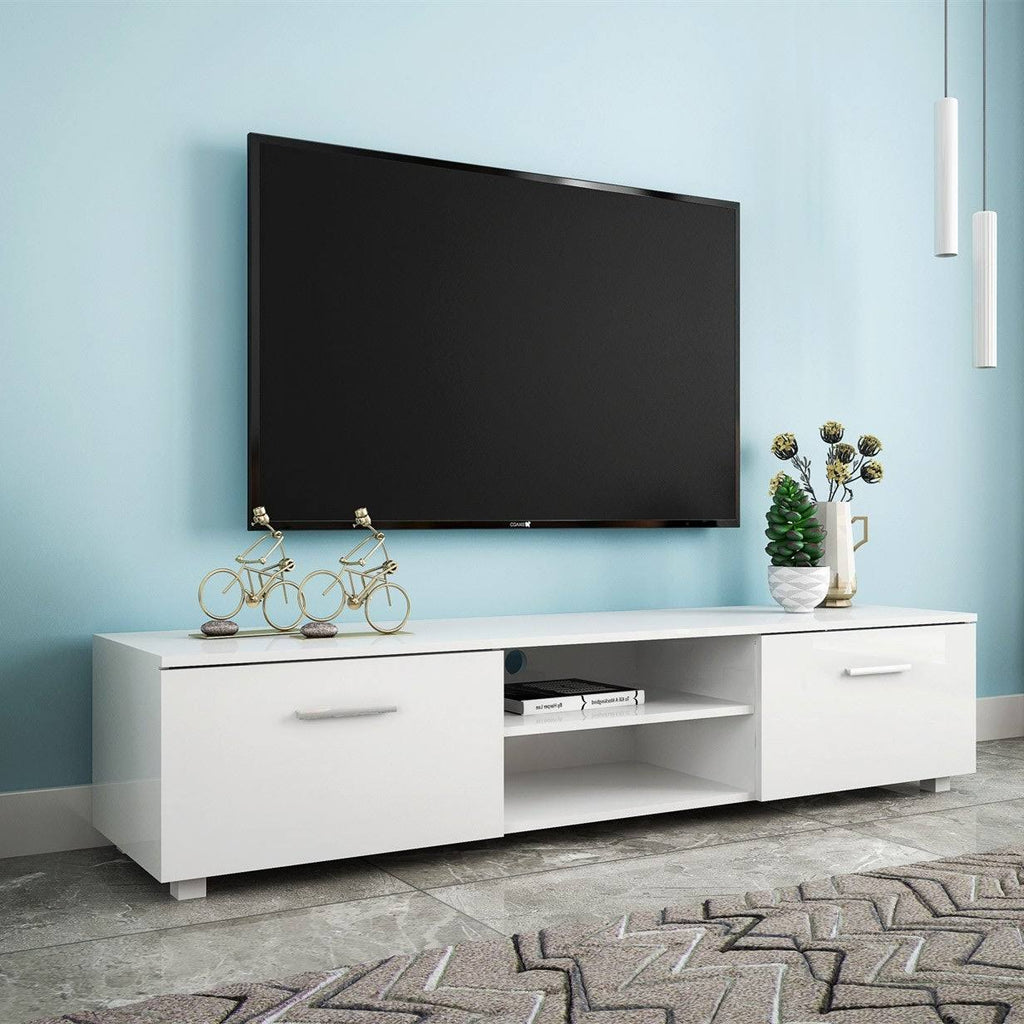 Black TV Stand with Storage Cabinet and Open Shelves J215