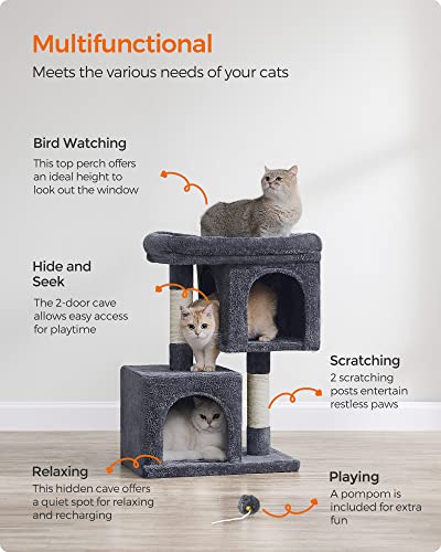 Light Gray Cat Tree with 2 Cat Caves and Scratching Post W77278