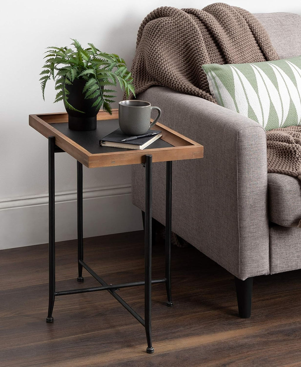 Rustic Brown Wood and Slate Side Accent Table with Black Iron Metal Base D47678