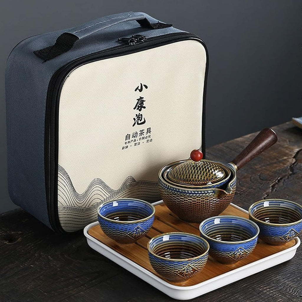 Ceramic Portable Travel Tea Set with 360 Rotation Teapot, 4 Tea Cups, Bamboo Tea Tray and Travel Bag N238