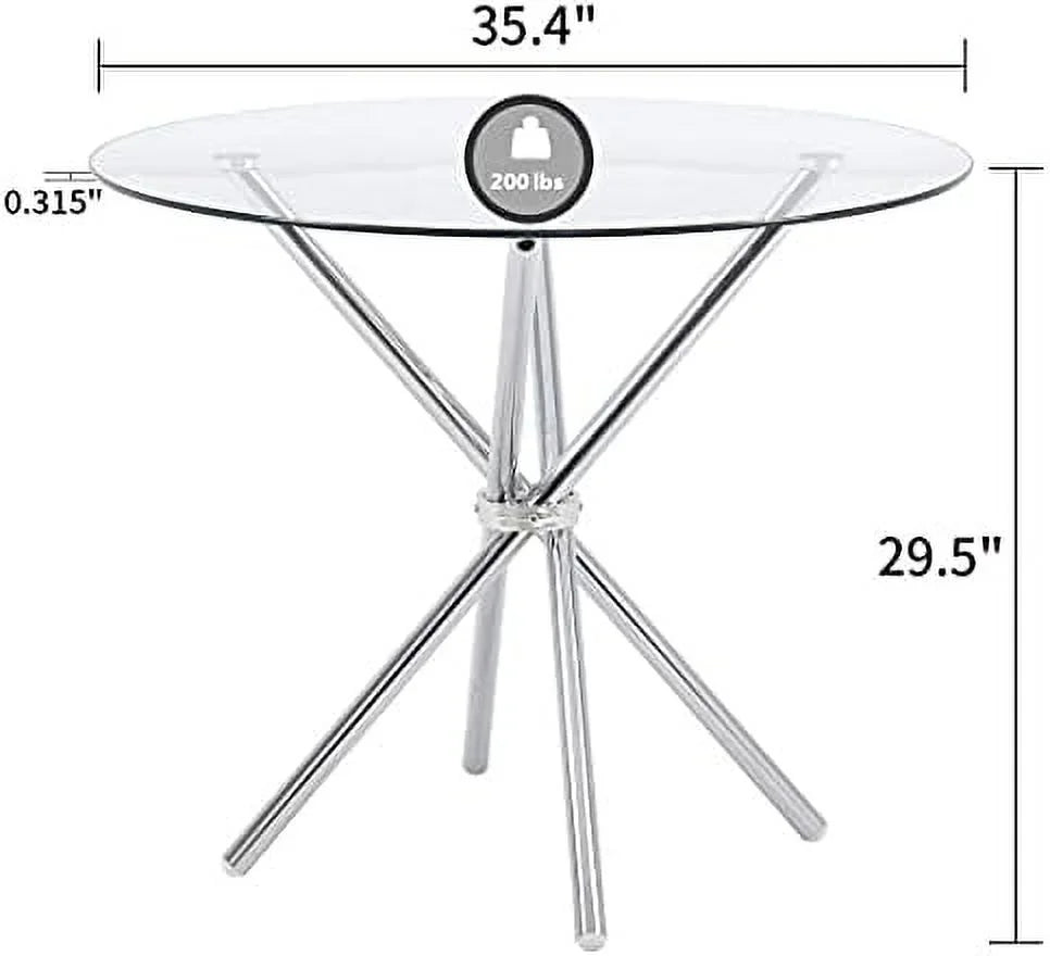 Round Glass Dining Table with Clear Tempered Glass Top 4 Chrome Legs Q885921