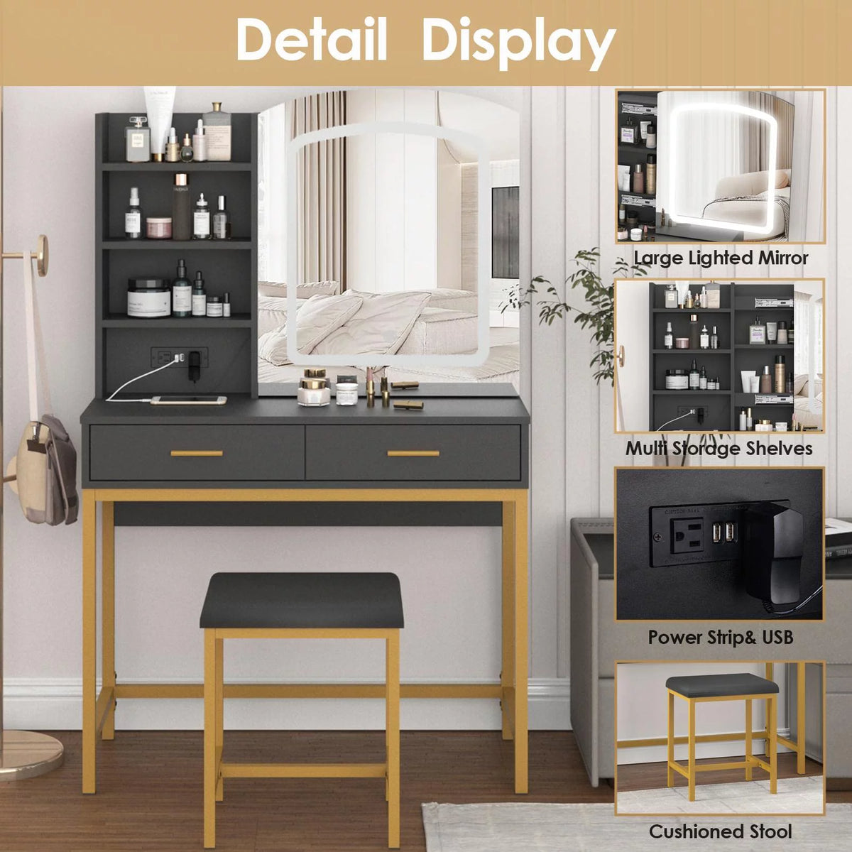 35 inch Vanity Desk with Lighted Mirror and Drawers G1437