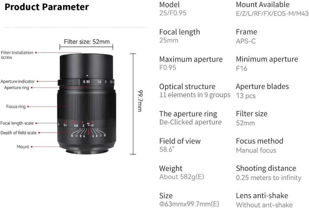 25mm F0.95 APS-C Manual Prime Lens for M43 Mount K950834