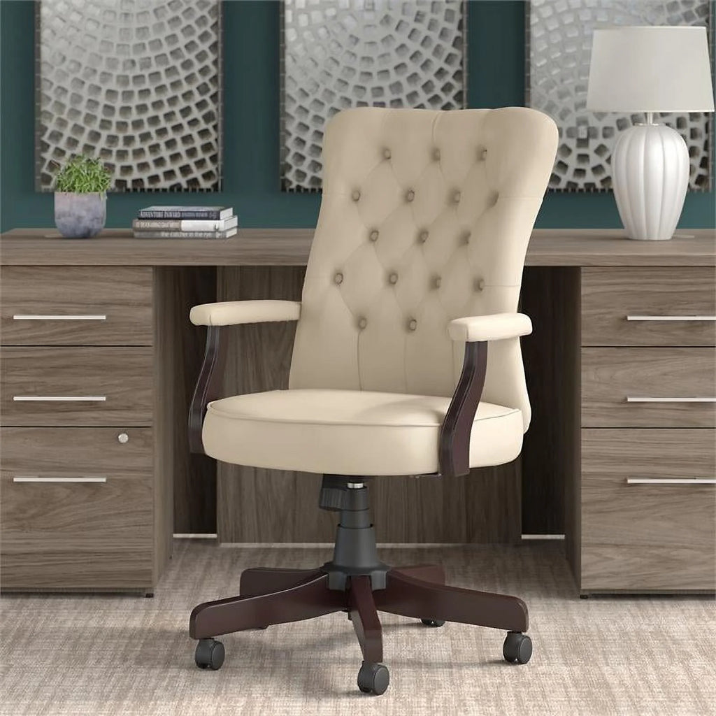 Antique White Faux Leather Office Chair with Arms U4492