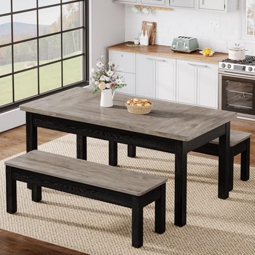 Farmhouse 55-Inch Wooden Dining Table Set with 2 Benches W6673