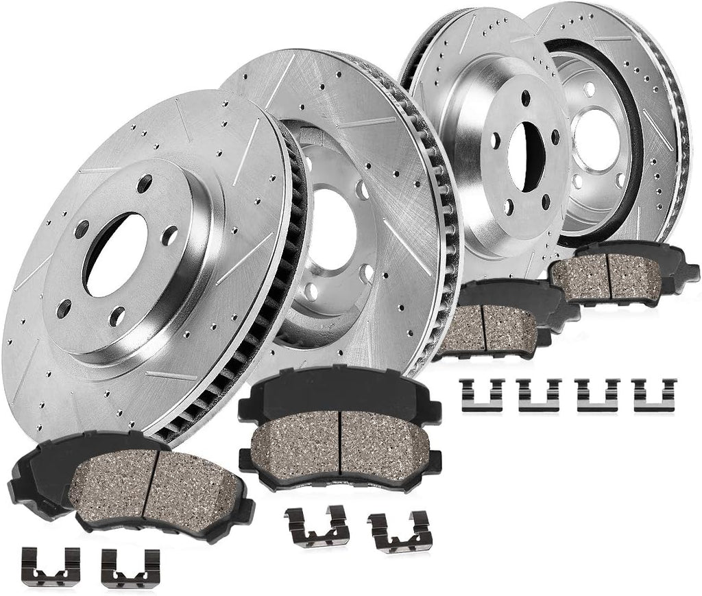 FRONT + REAR 5 Lug Rotors + Brake Pads + Clips K8320