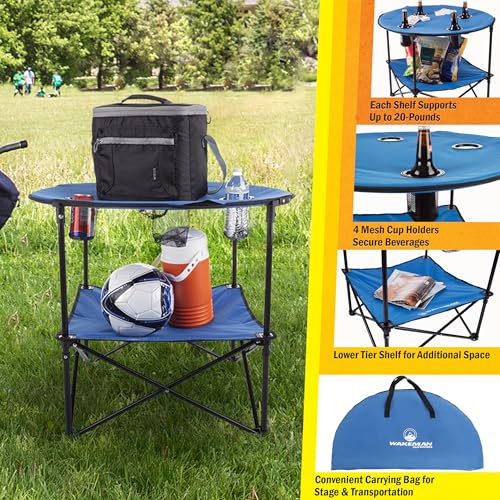 Round 2-Tier Folding Camp Table with 4 Cupholders and Carrying Bag Z643344