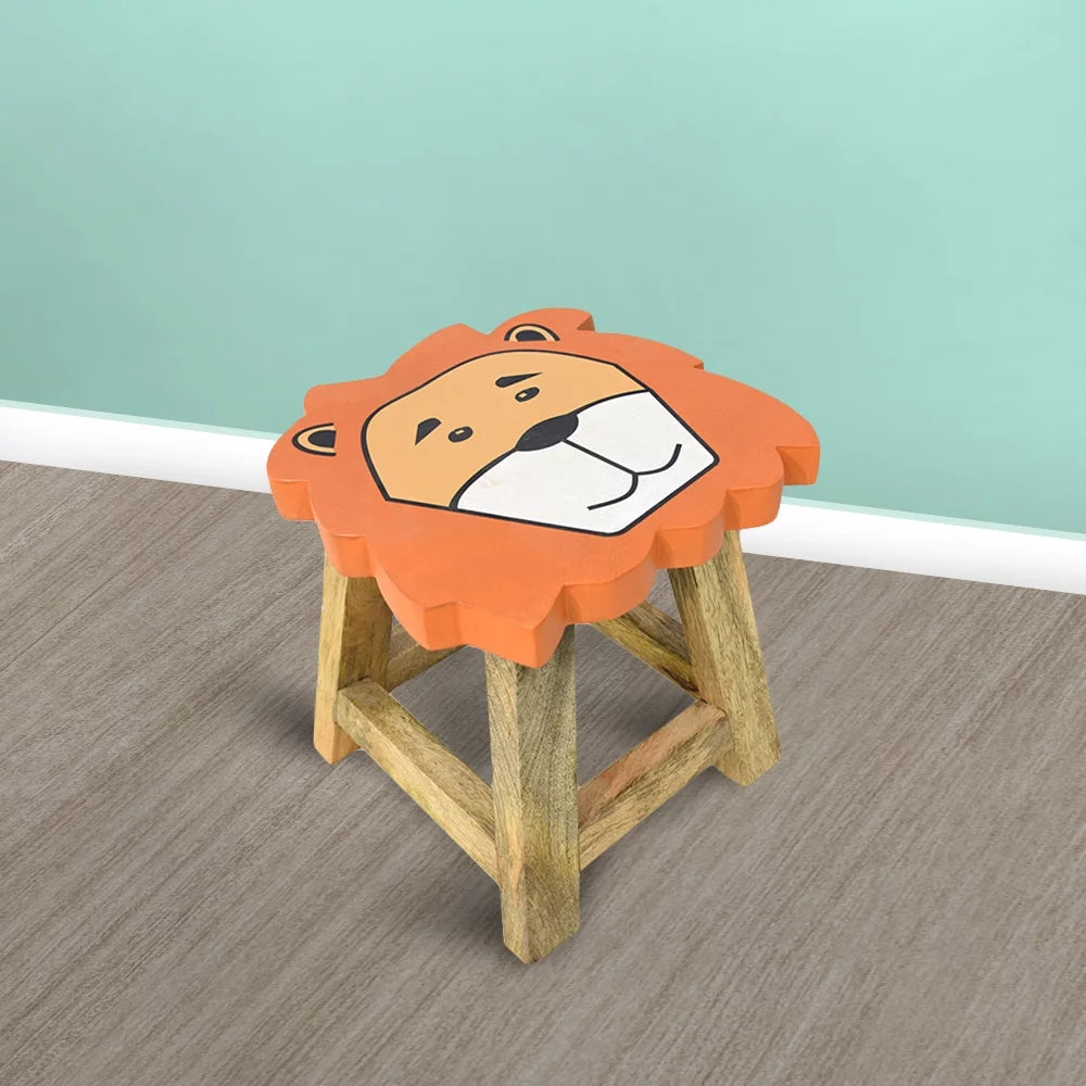 Handmade Mango Wood Orange Lion Shaped Stool N257307