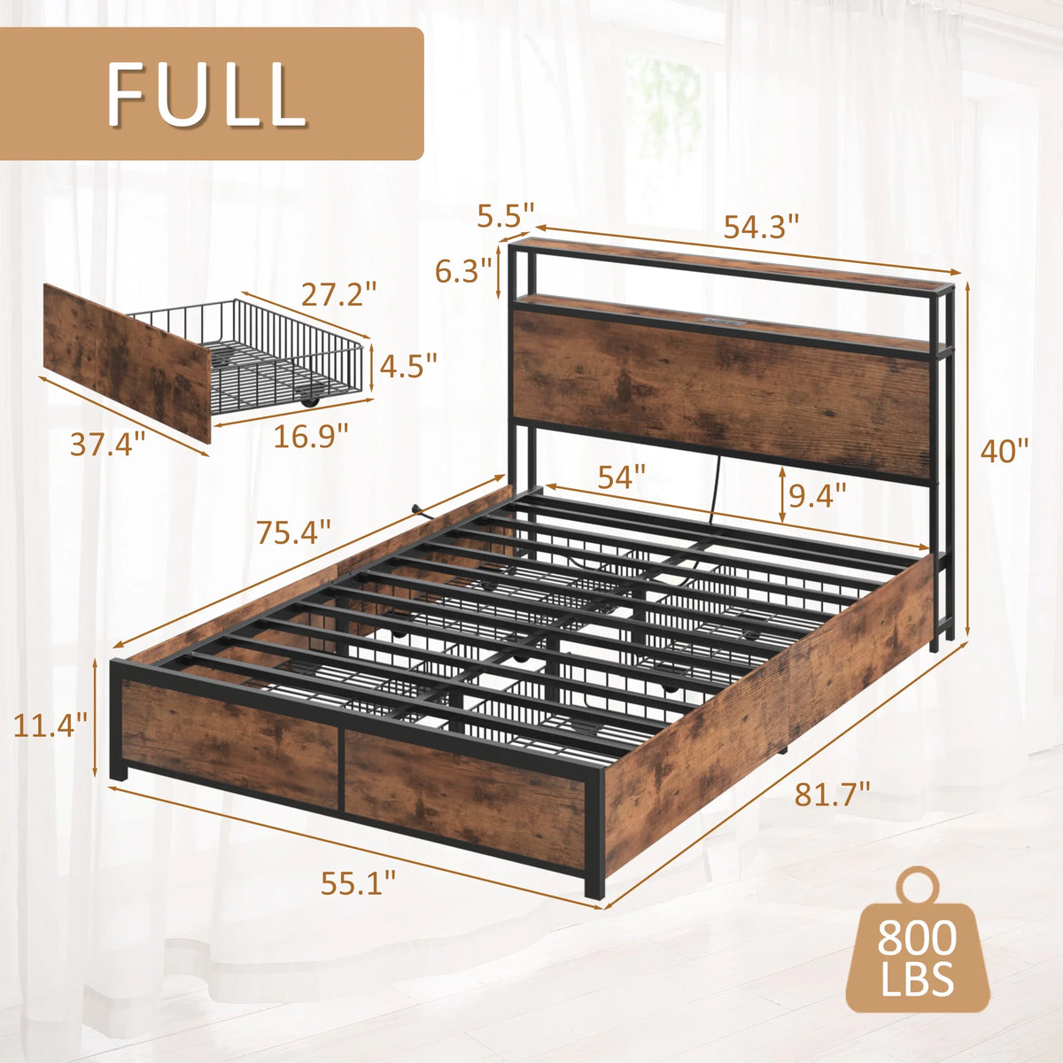 Queen Bed Frame with Headboard, Charging Station, LED, 4 Storage Drawers, Metal Support, Vintage Brown D263894