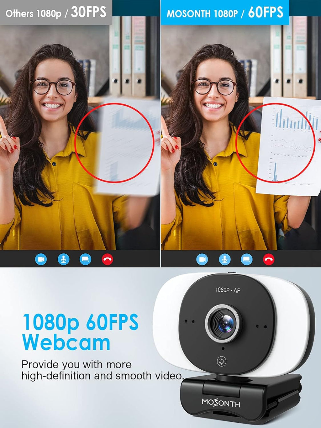 1080P Webcam with Microphone, Autofocus, Privacy Cover, Tripod U83924