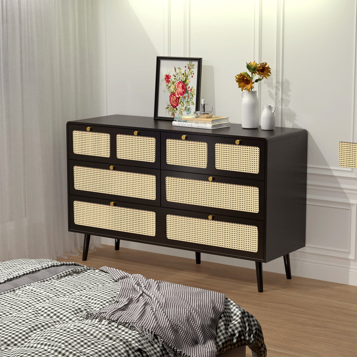 Black 6 Drawer Rattan Wood Dresser B68963