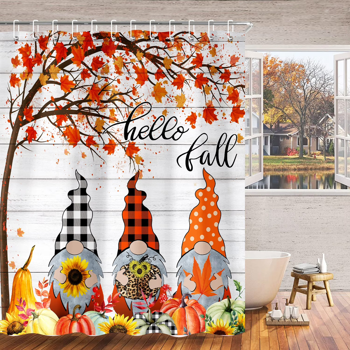 Fall Gnome with Pumpkin Shower Curtain, 72"x72"inch, Durable Fabric with 12 Hooks Q354759
