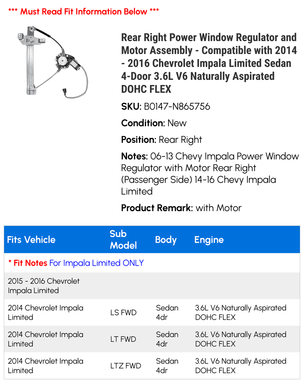 Rear Right Power Window Regulator and Motor Assembly K125592