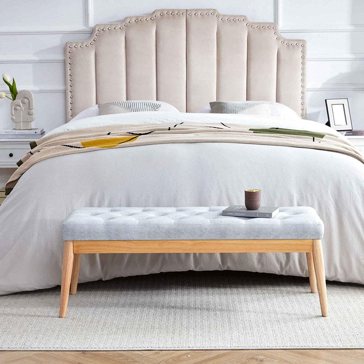 Grey Upholstered Tufted Wood Bench M775448