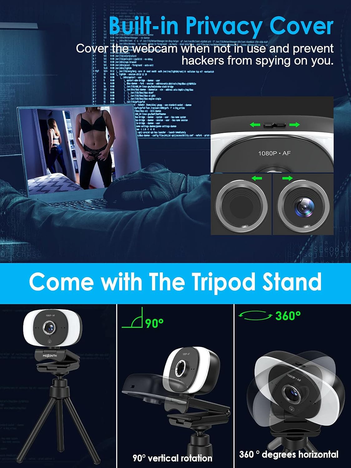 1080P Webcam with Microphone, Autofocus, Privacy Cover, Tripod U83924