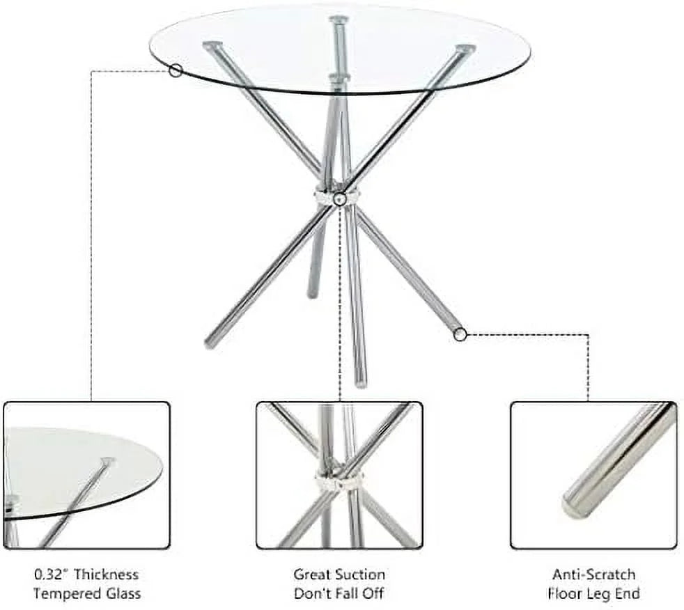 Round Glass Dining Table with Clear Tempered Glass Top 4 Chrome Legs Q885921