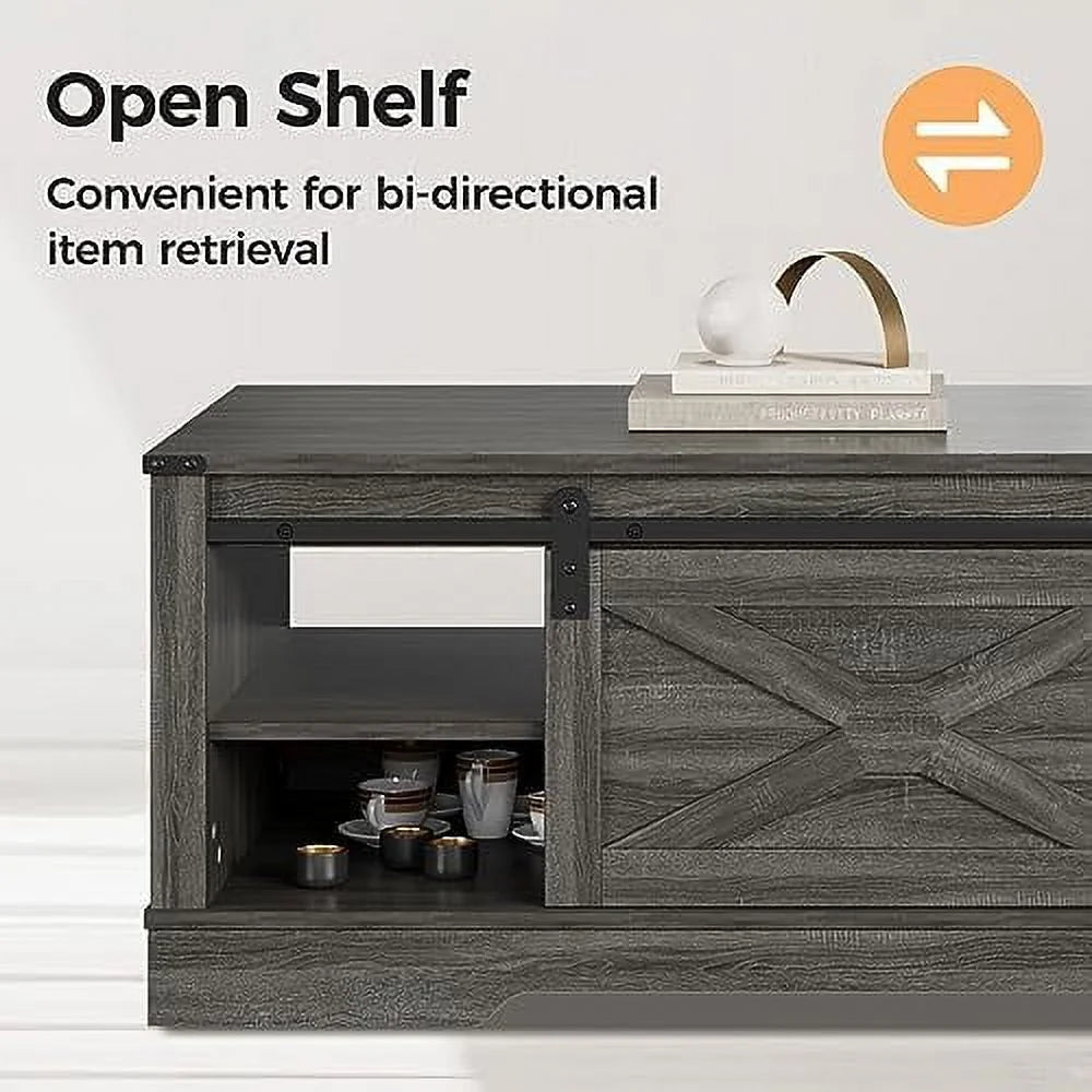 Dark Grey 48'' Rustic Coffee Table with Sliding Barn Door F732